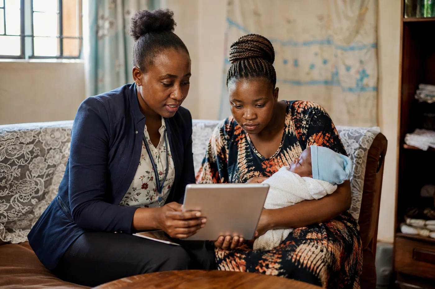 A health worker reviewing information with a mother and her newborn